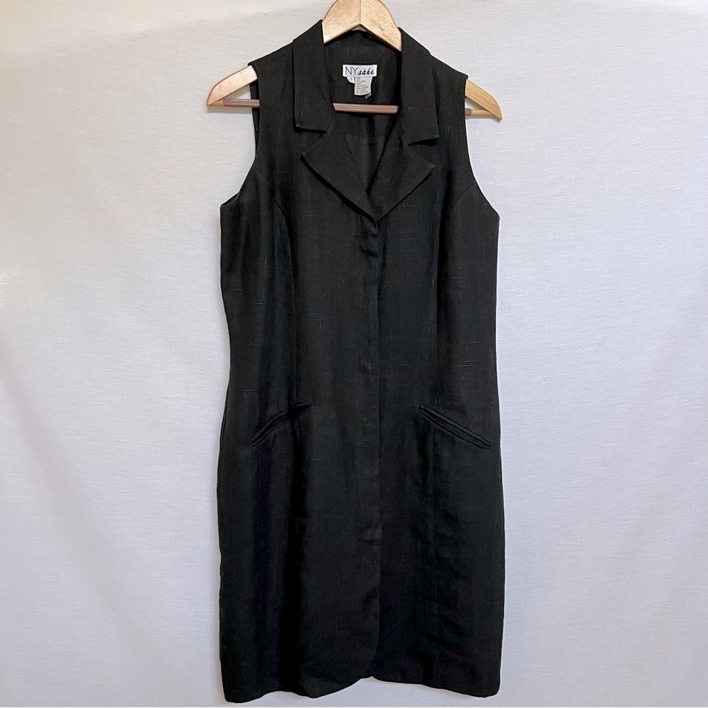 Linen Black Midi Sleeveless Front Button Down Tailored Dress